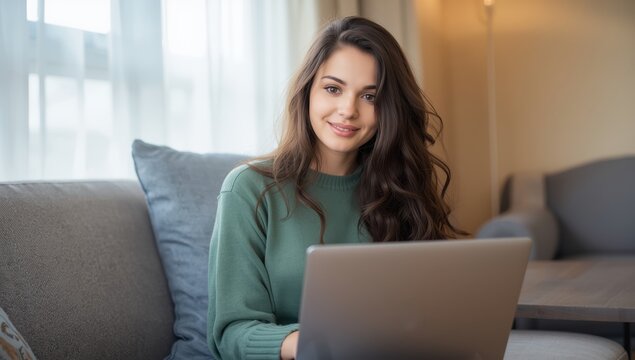 Happy young woman in a green sweater relaxing with a laptop in a bright, cozy room
