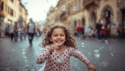 Fototapeta premium Joyful girl in town chasing soap bubbles; genuine moments with candid onlookers