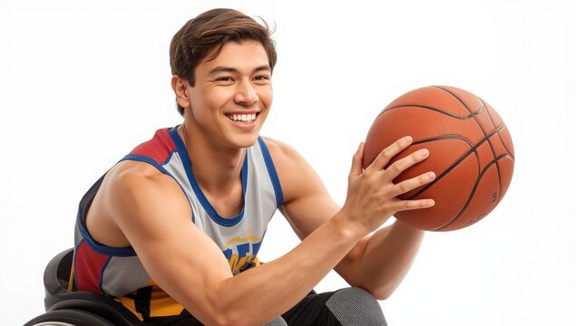 Joyful young athlete in a wheelchair playing with a basketball, against a white background
