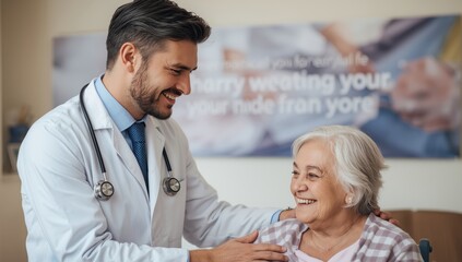 Obraz premium Male physician assisting elderly woman in care facility; wide banner