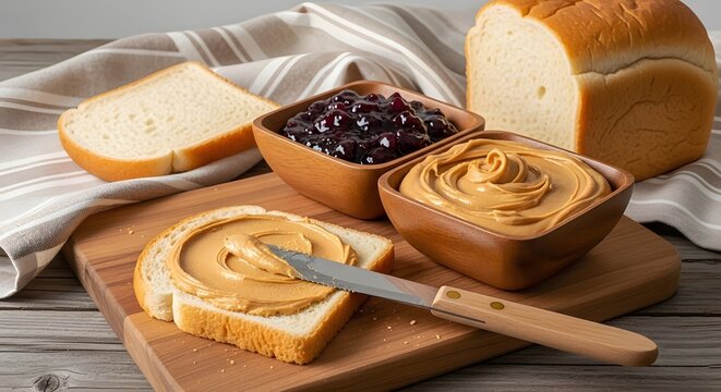 Delicious Peanut Butter and Jelly Sandwich on Wooden Board.