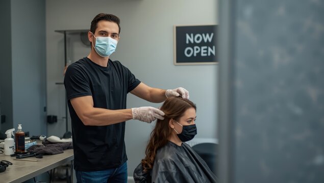 Male hairstylist in casual attire, wearing a mask and gloves; client unmasked. Post-quarantine hair services, health safety measures, small business during pandemic recovery