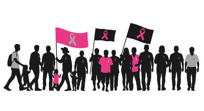 Group of People Holding Pink Ribbon Flags.
