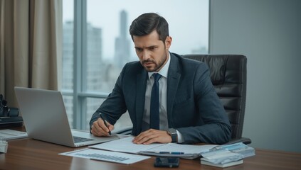 Fototapeta premium Man documents details for a business plan on a laptop in the office