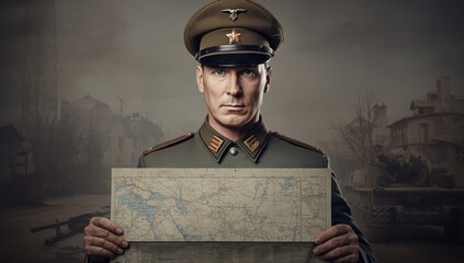 Fototapeta premium Man dressed as a Soviet officer from WWII, holding a map