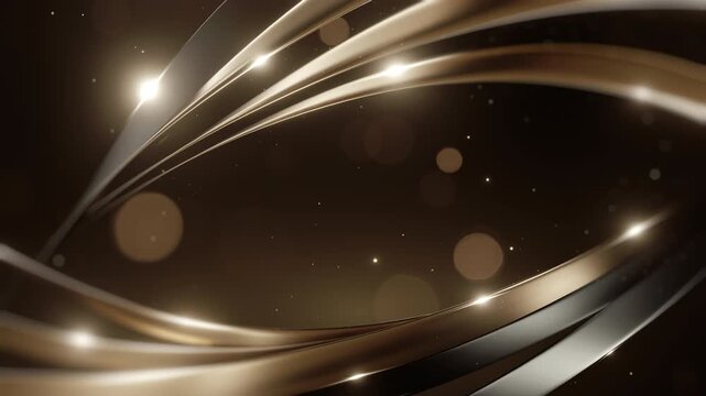 3D render luxury gold silver metallic waves flowing dark background. Elegant bokeh particles lens flare light effects. Cinematic motion backdrop premium design wallpaper.