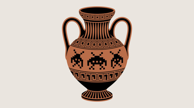 Traditional Greek vessel with arcade game icons &ndash; Suitable for interior design, gaming history, or creative branding.
