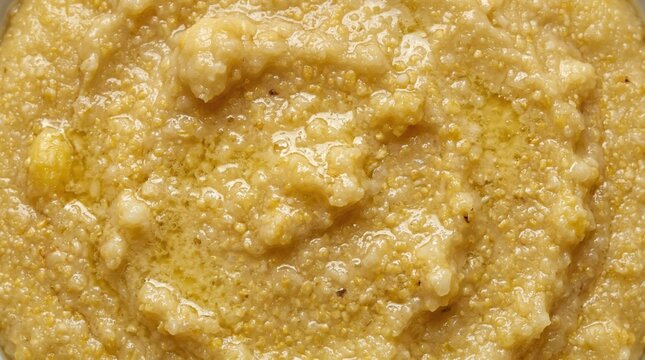 Macro texture of creamy polenta with micro grain surface. Comfort food background concept.