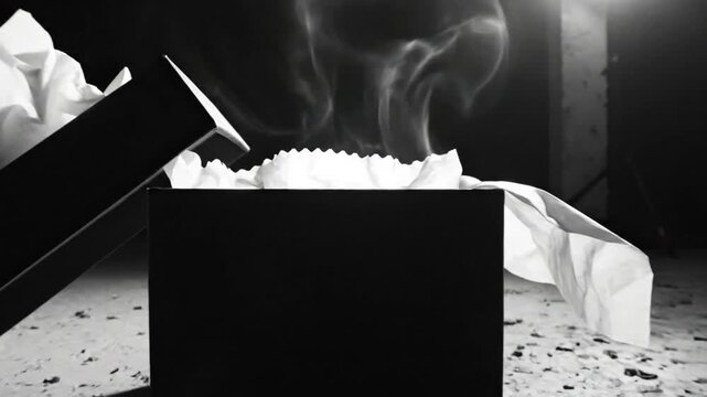 Mysterious black box opening releasing smoke with tissue paper inside a dark environment