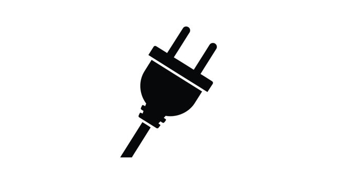 Simple black silhouette of a standard electrical plug against a white background