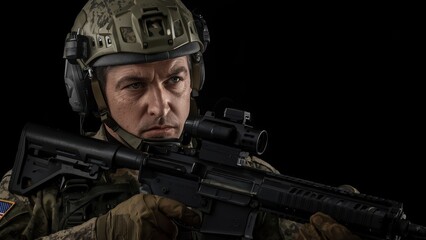 Fototapeta premium U.S. special ops soldier or mercenary with a rifle, depicted against a dark backdrop. Themes: conflict, military, arms, tech, and humanity
