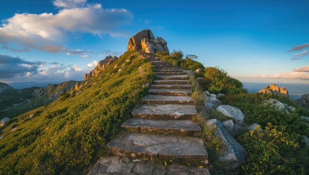Trail in Romania's Ceahlau mountain to Toaca peak on a sunny summer day