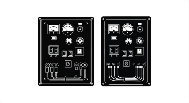 Two black control panels with gauges switches and wiring connections