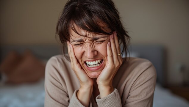 Woman experiencing intense muscle pain at home. Injured person in discomfort after morning cramps