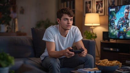 Obraz premium Young male gaming at home
