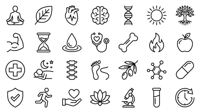 Collection of health and wellness icons representing medical science fitness and healthy lifestyle choices