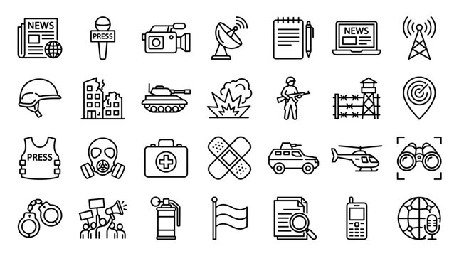 Collection of icons representing war conflict news and journalism symbols including military equipment and press elements