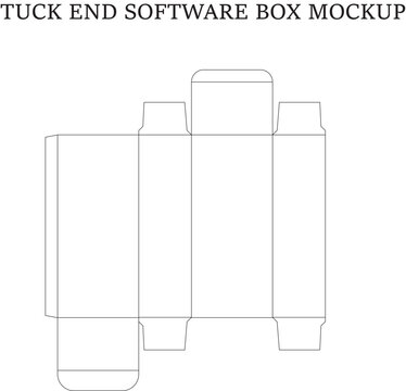 Tuck end software box mockup packaging dieline template with technical lines for product design and manufacturing