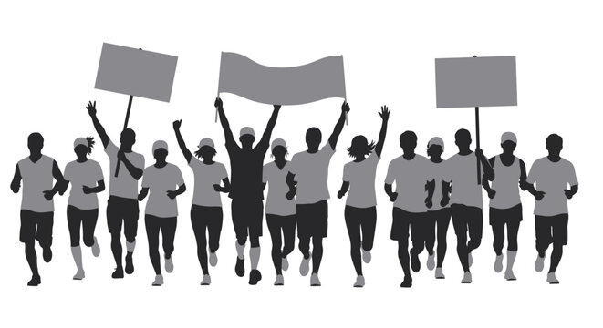 Group of Runners Holding Signs and Flags.