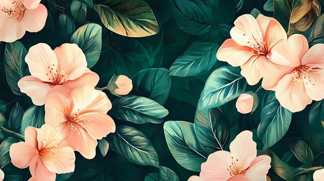 Close-up view pink flowers and green leaves dark background image