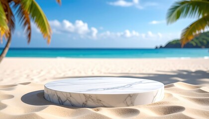 Obraz premium Empty Round White Platform On Tropical Beach Sand.
