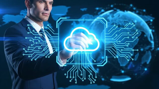 A man in a suit interacts with a glowing cloud icon representing cloud computing. A digital earth globe with network connections forms the background.