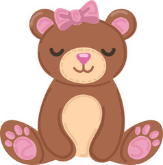 Obraz premium Cute hand drawn brown teddy bear with pink bow, vector isolated