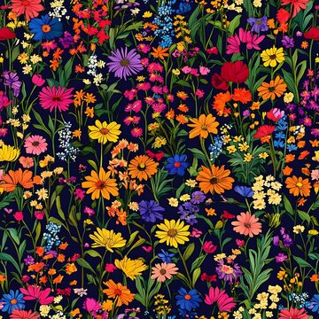 Colorful floral pattern with many different types flowers dark blue background image