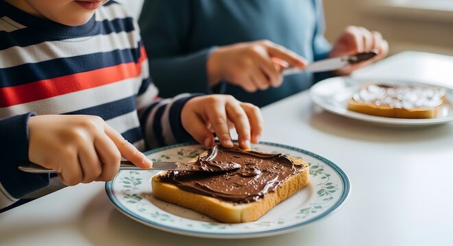 Child Spreading Chocolate on Toast: Breakfast Time Fun.
