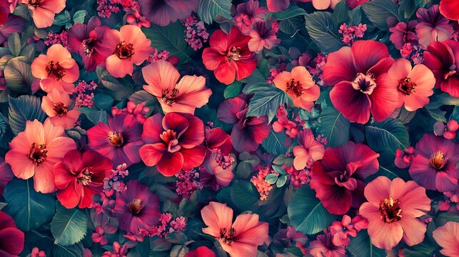 Colorful floral pattern with pink and red flowers and green leaves shown this image