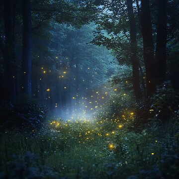 Forest filled with lots fireflies flying around evening picture