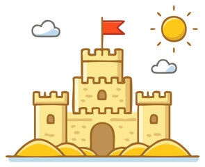 Naklejka premium Cartoon sandcastle on a sunny beach with a red flag, sun, and clouds illustration for summer vacation themes