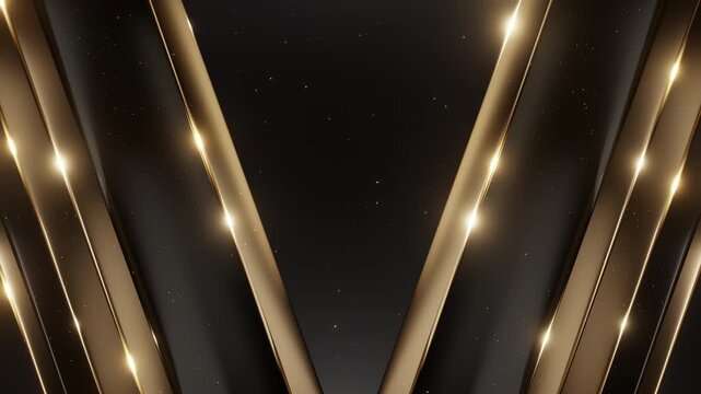 3D render luxury abstract background featuring diagonal black and gold metallic stripes. Glowing lights sparkling particles create elegant premium aesthetic. Perfect for award shows events.