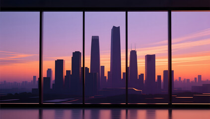 Obraz premium Modern city silhouettes under a sunset sky for business