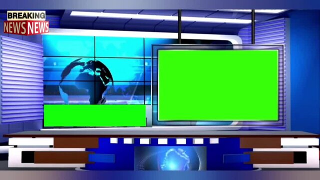 A breaking news video studio with green screens and a globe display
