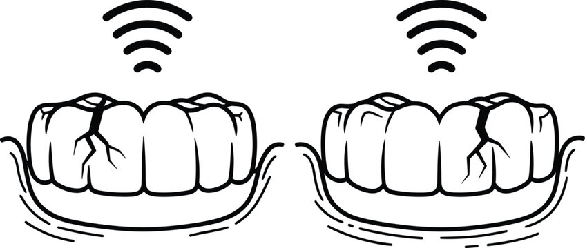 Cracked teeth vibration icon, dental pain concept, broken tooth illustration, oral health problem, sensitivity signal waves, enamel damage, black line vector