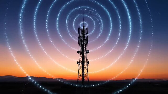 A cell tower stands silhouetted against a vibrant sunset sky, emitting glowing digital signals in circular orbits. The background shows a faint cityscape.