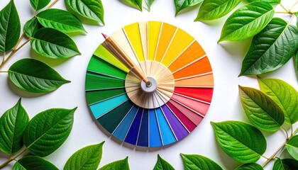 Color Wheel Surrounded by Green Leaves on White Background.