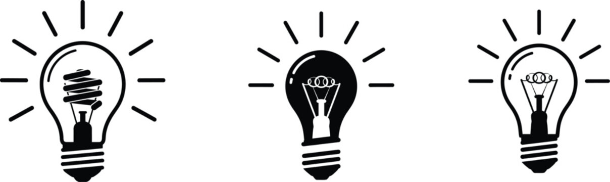 Three light bulbs with different filament states
