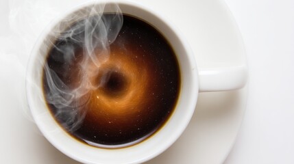 Surreal cup of coffee with swirling cosmic patterns inside, representing the hidden effects of daily ritual.
