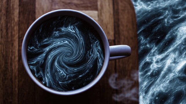 Surreal cup of coffee with swirling cosmic patterns inside, representing the hidden effects of daily ritual.