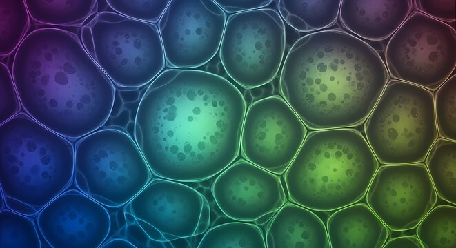 Abstract colorful pattern resembling cellular structure with gradient hues.