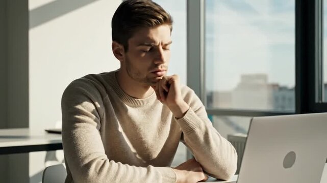A bored young man sits at a desk, studying online on his laptop with a look of disinterest in a modern office setting.