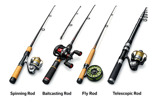 Four different types of fishing rods with reels, including spinning, baitcasting, fly, and telescopic rods, on a white background.