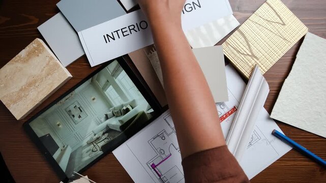 Interior design planning with material palette, floor plan and color samples on workspace - 4k stock video