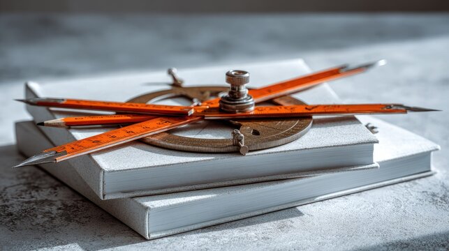 Precision drafting tools rest atop two white bound volumes against a textured background.
