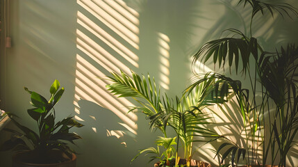 Fototapeta premium Green Houseplants with Sunlight Shadows on Wall for Cozy Home Decor Background.