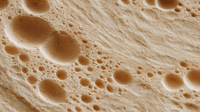 Macro detail captures the porous texture of risen dough with varied air pockets.