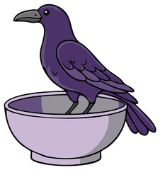 Fototapeta premium Purple raven perching on a bowl for halloween autumn season background design