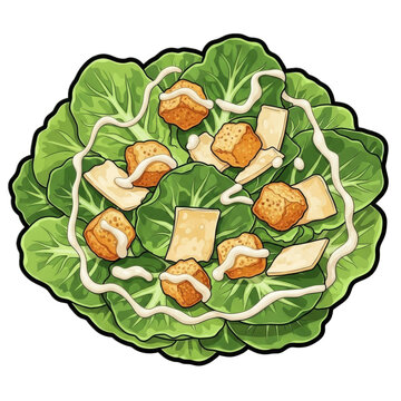 Caesar salad with croutons and parmesan cheese in cartoon style on white background for food blog